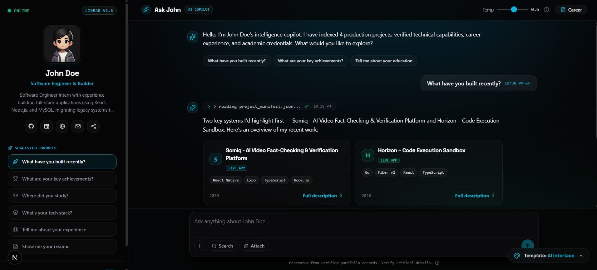 Neural AI Interface developer portfolio template by Profilix