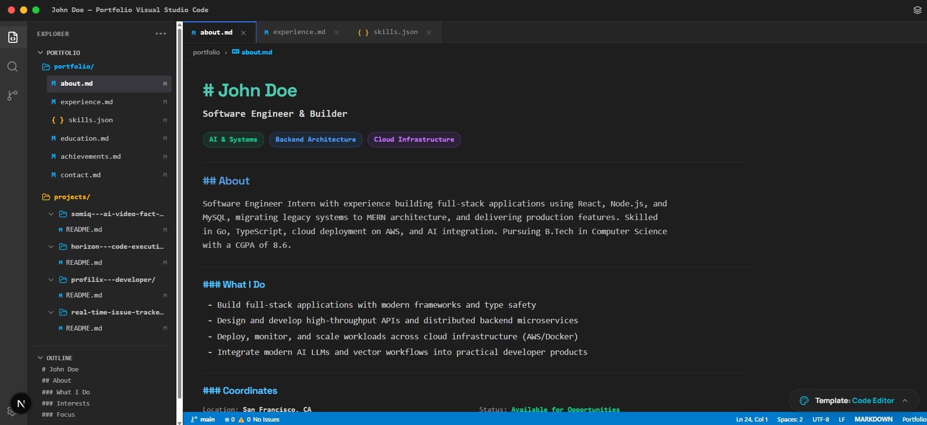 Code Editor IDE developer portfolio template by Profilix