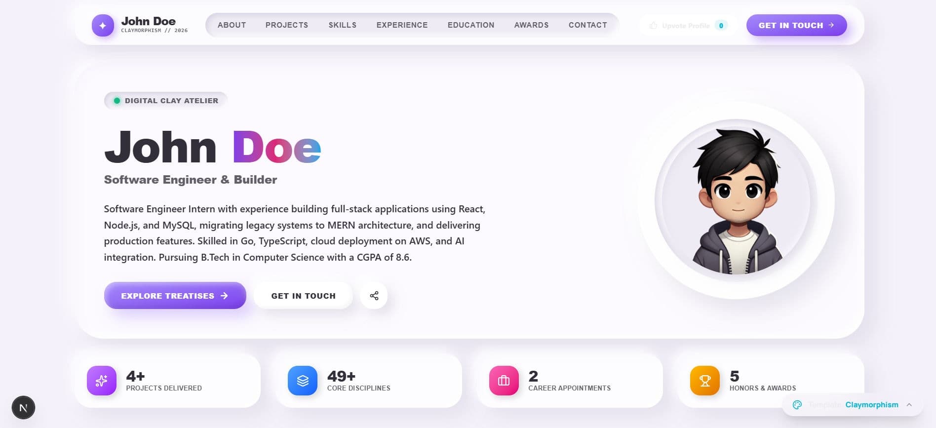 Claymorphism 3D developer portfolio template by Profilix