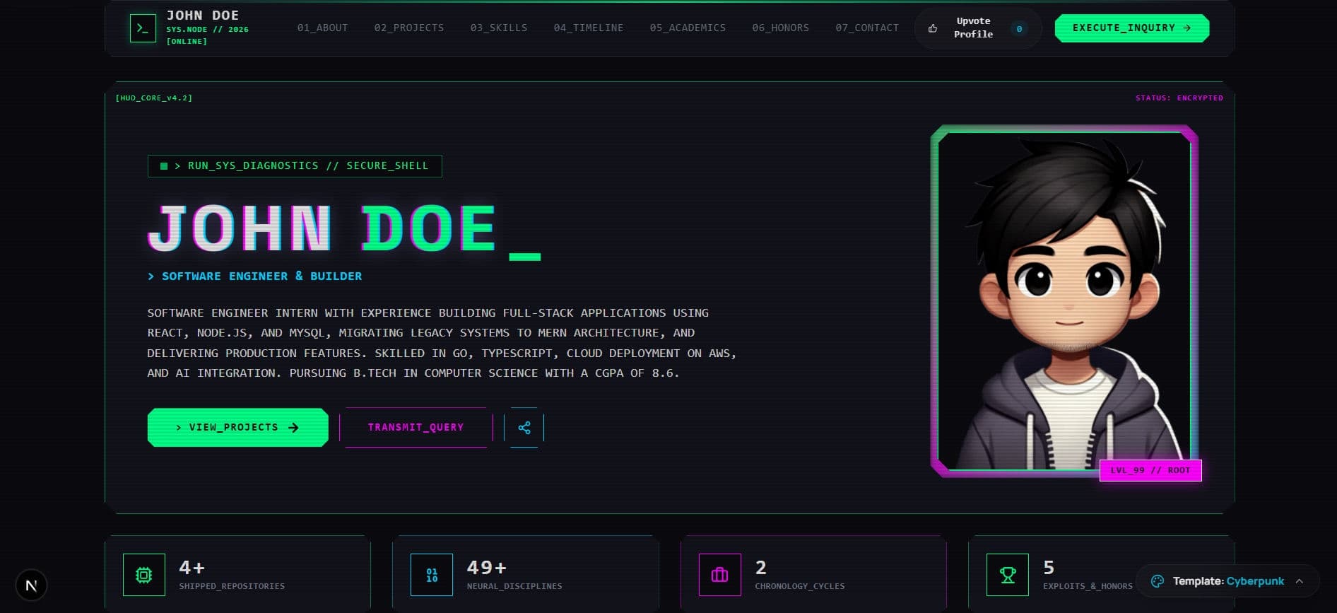 Cyberpunk High-Tech Noir developer portfolio template by Profilix