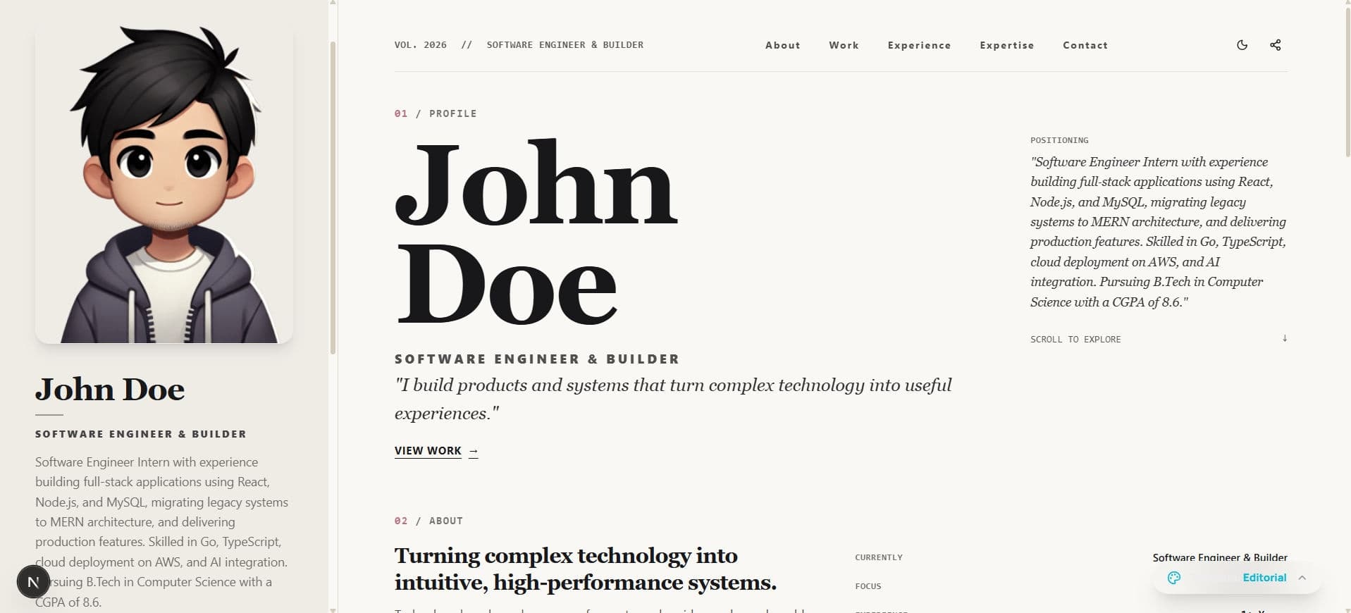 Haute Editorial developer portfolio template by Profilix
