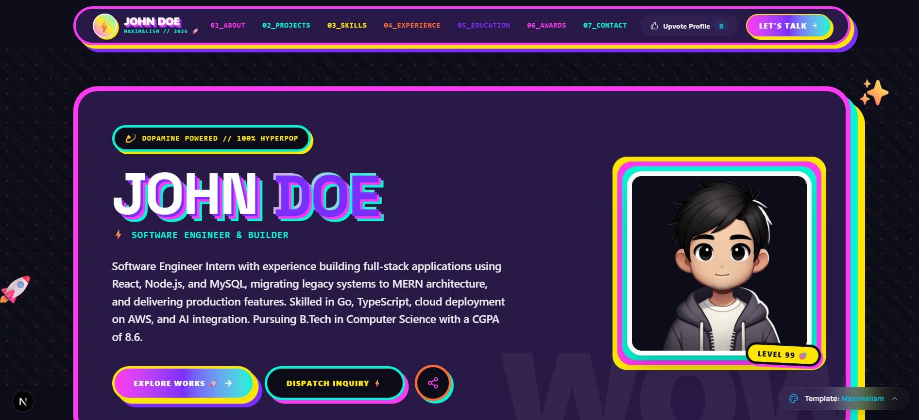Y2K Hyperpop developer portfolio template by Profilix