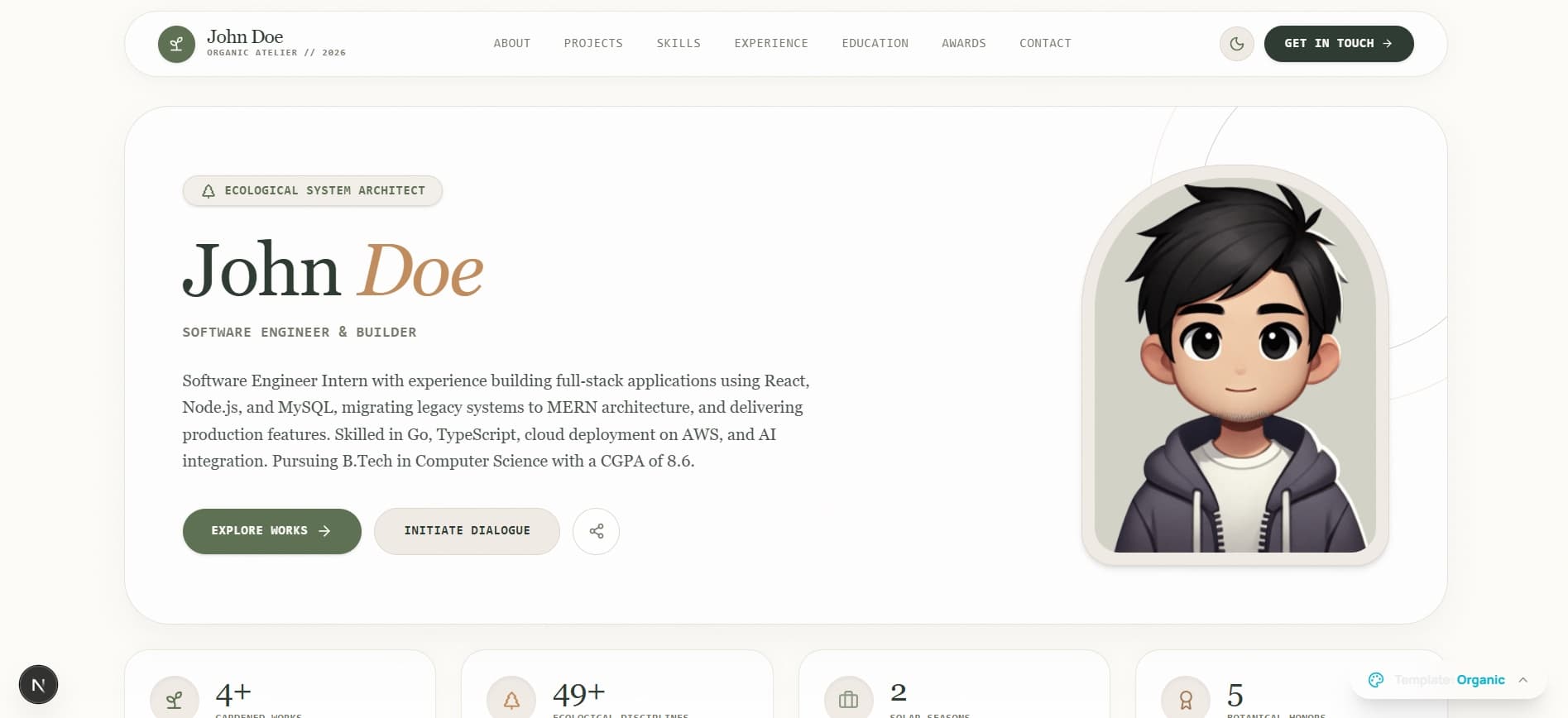 Botanical Wabi-Sabi developer portfolio template by Profilix