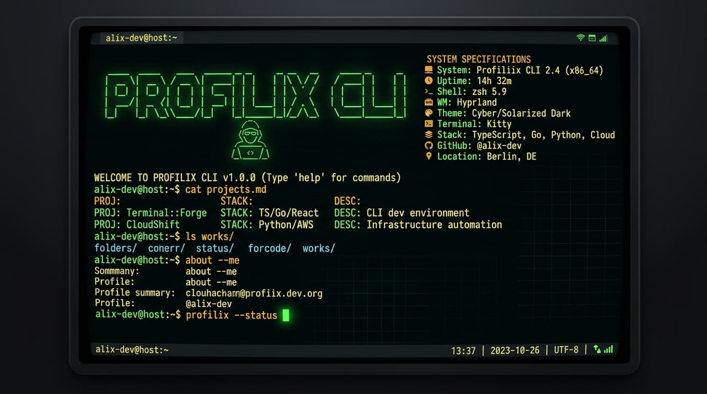 Terminal CLI developer portfolio template by Profilix
